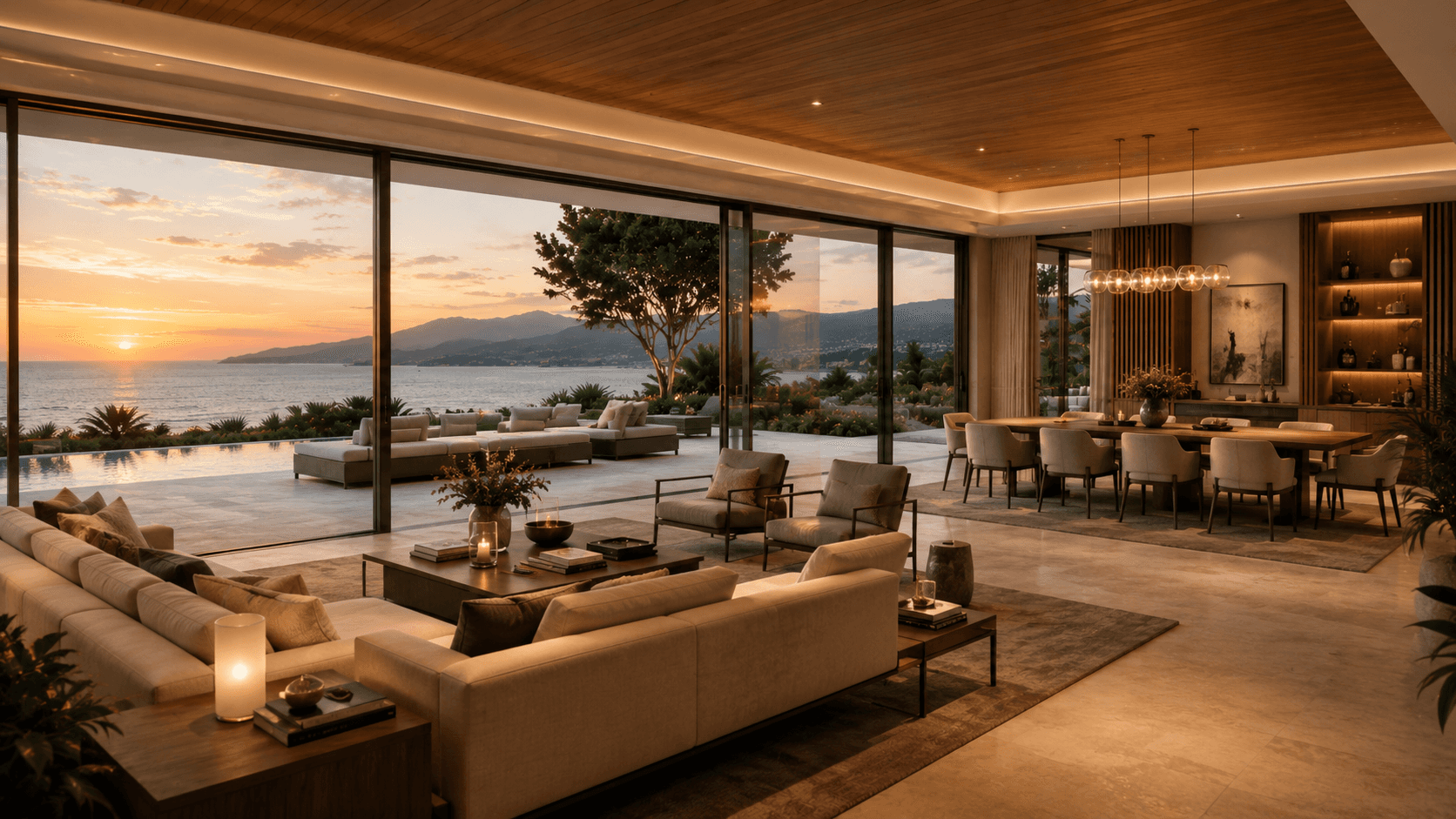Open plan living room at sunset